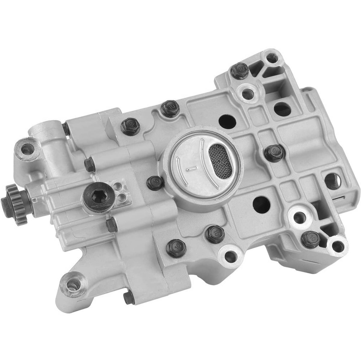 Engine oil balance shaft pump assembly with circular filter screen and mounting bolt holes