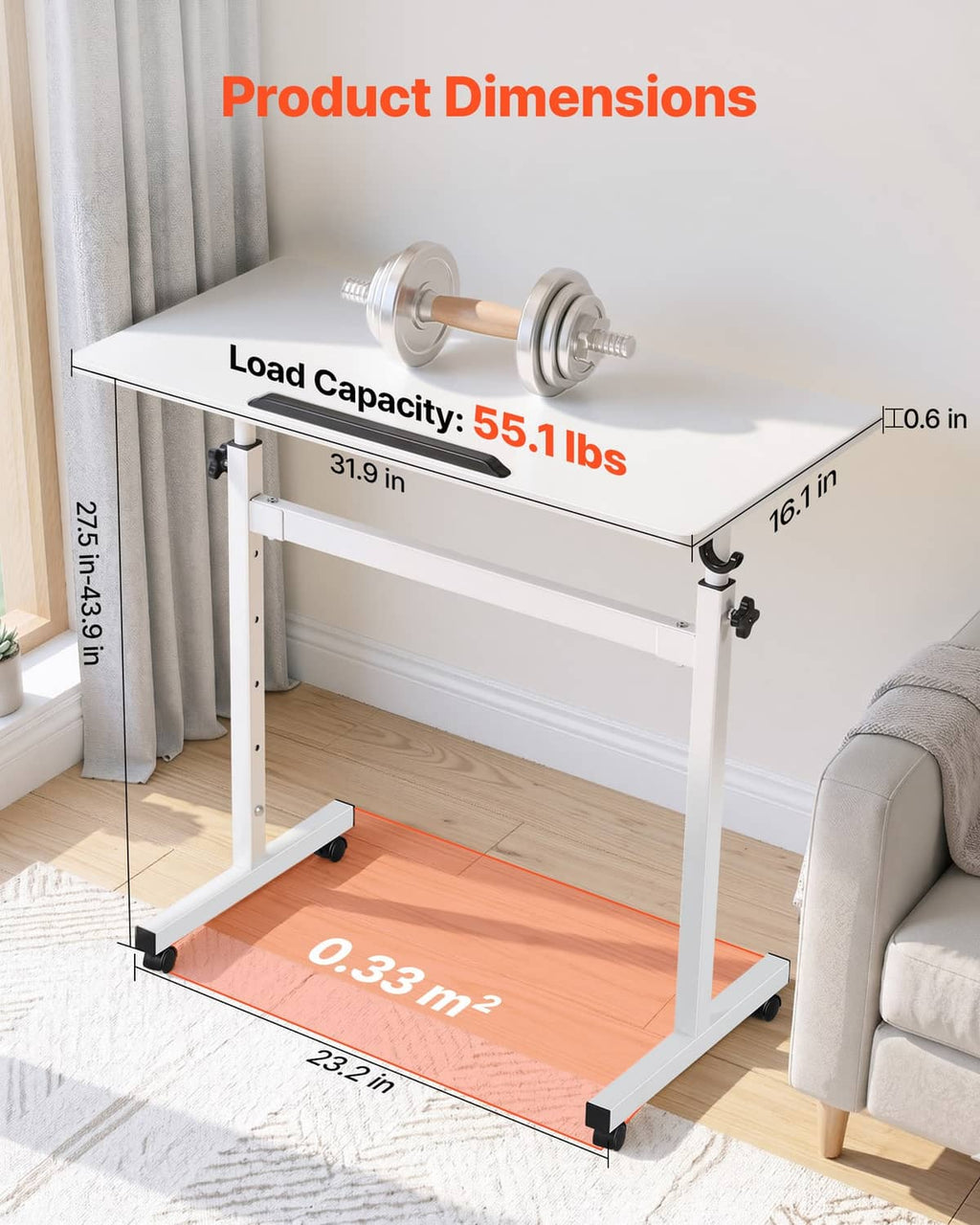 Height adjustable standing desk base with casters and desktop size proportions