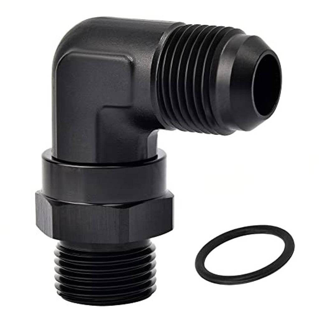 Black 90-degree AN swivel adapter fitting with threaded ports and O-ring