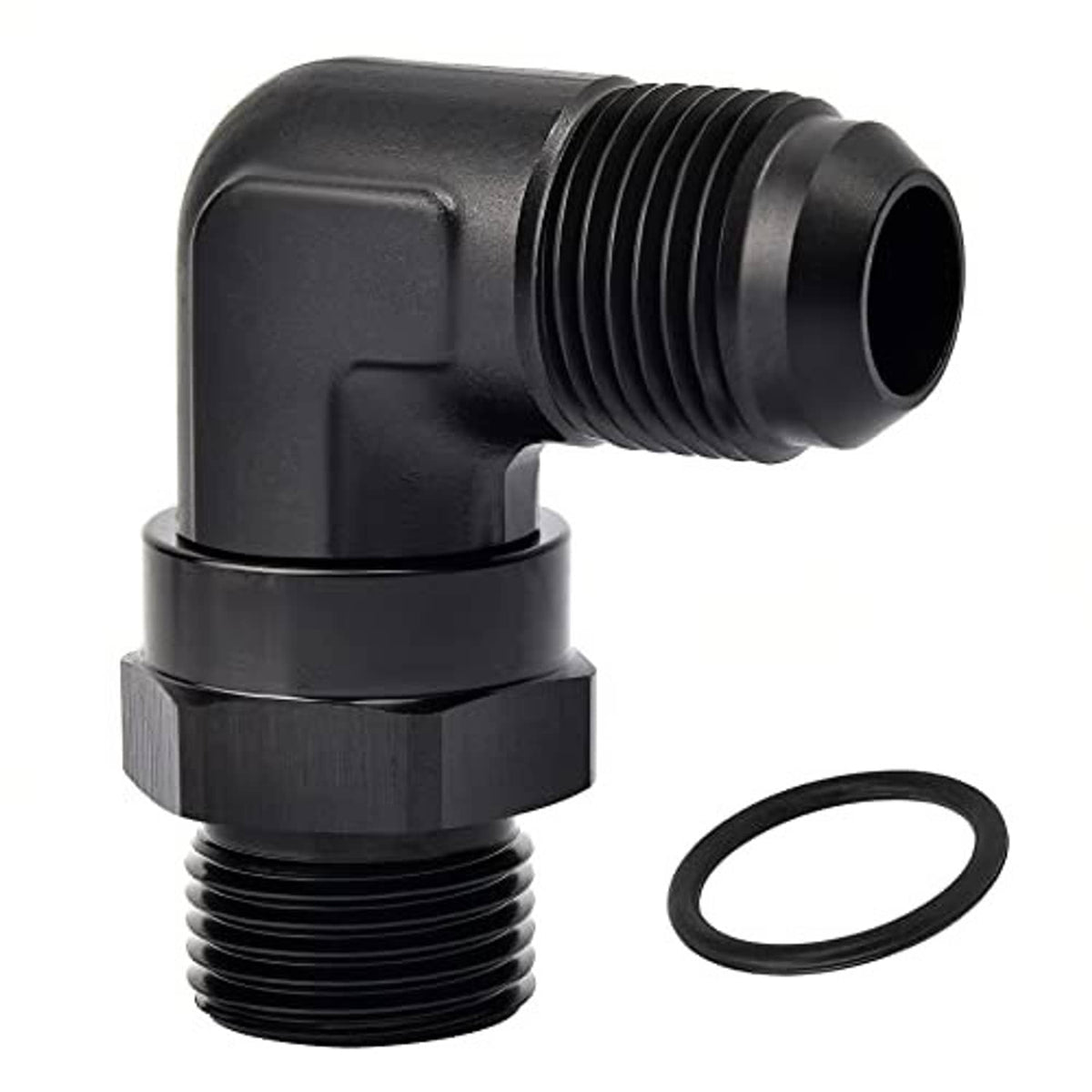 Black 90-degree AN swivel adapter fitting with threaded ports and O-ring