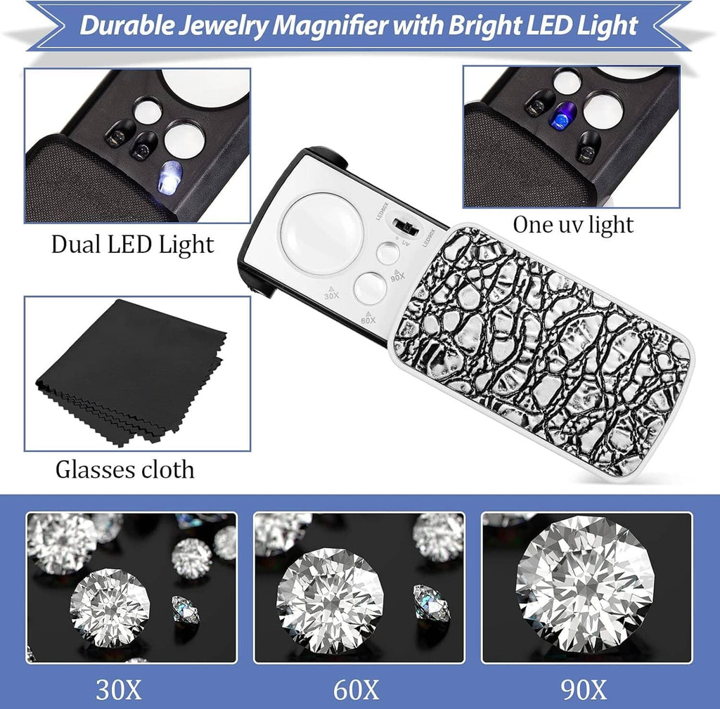 Illuminated jewelers loupe with dual LED lights and glasses cloth, UV 30x–90x