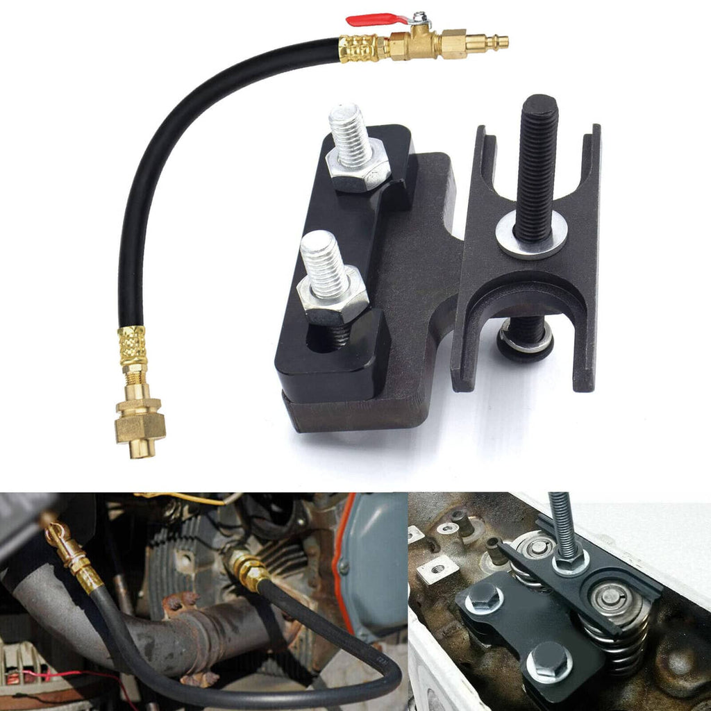 Engine valve spring compressor tool with brass air hose and black mounting base