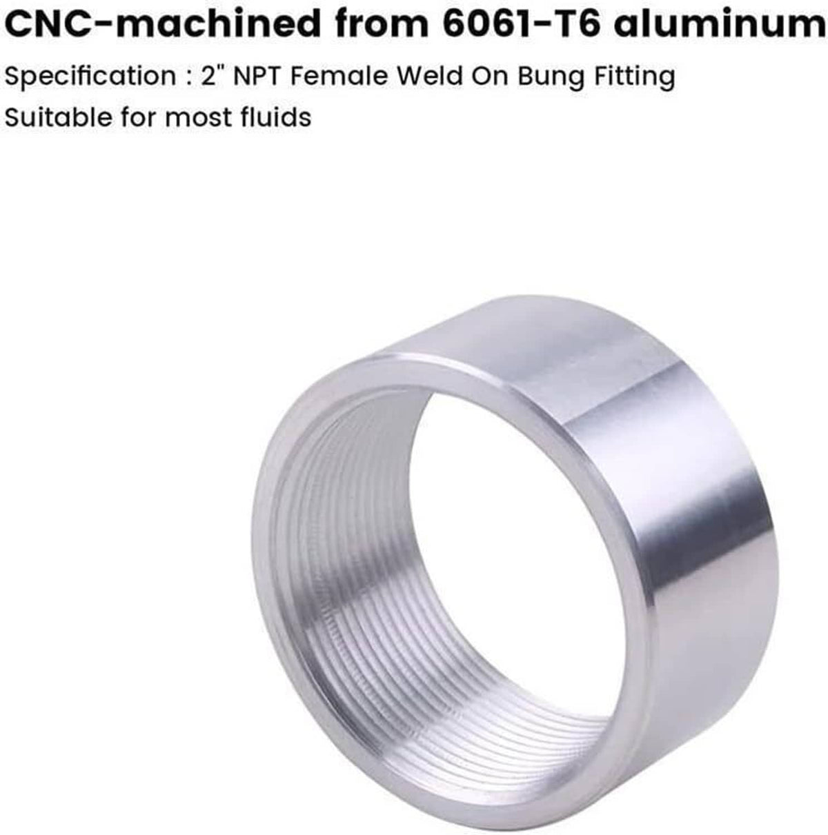 Aluminum weld-on bung with 2 in NPT female threads, tapered interior