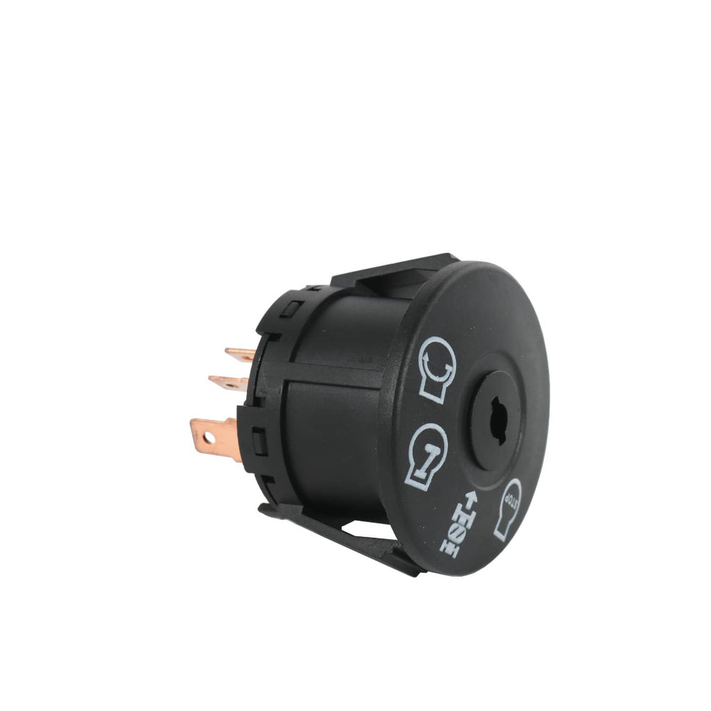 Black ignition switch starter housing with circular face and exposed side terminals.