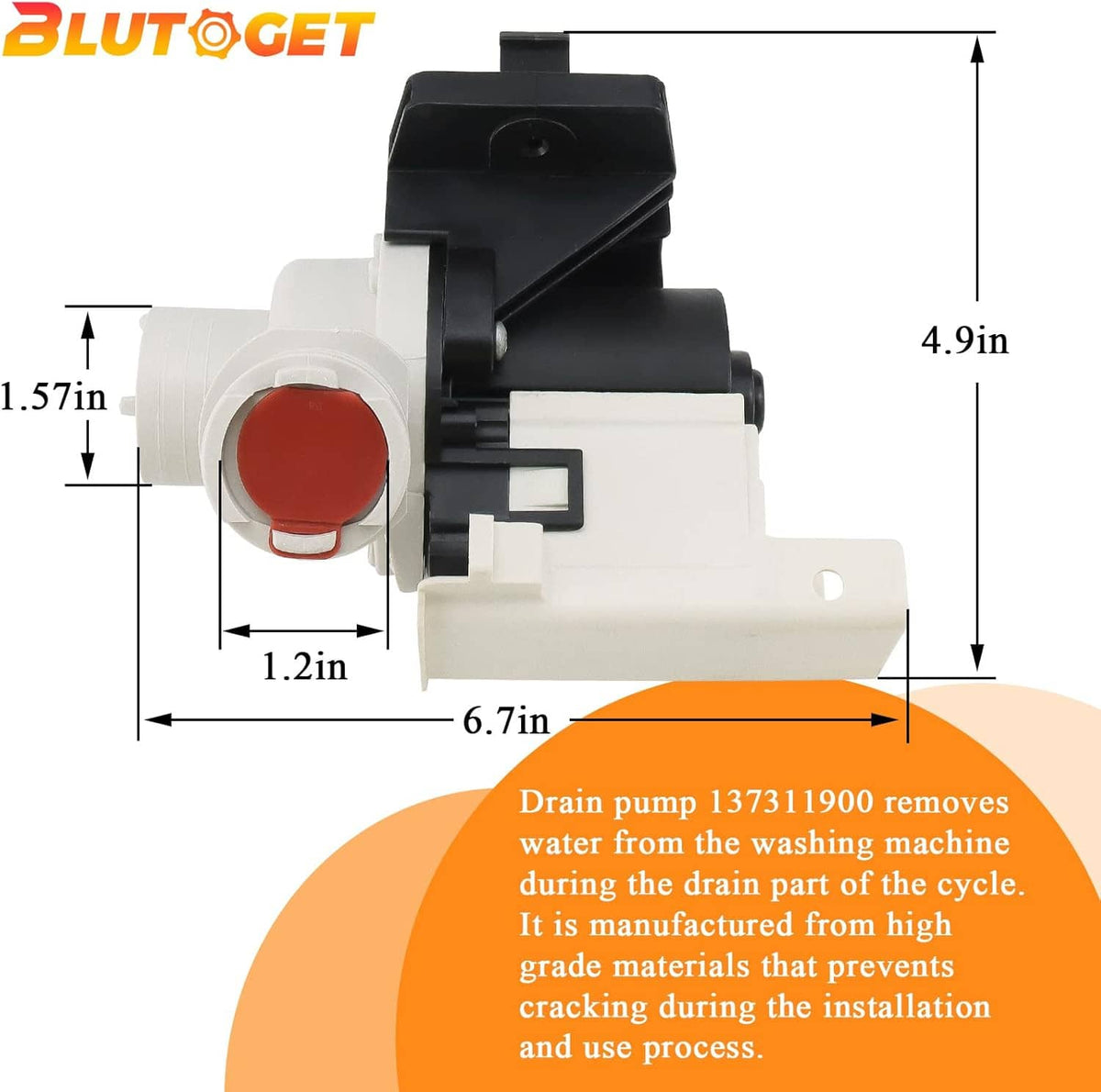 Washer drain pump with white body, black top housing, red actuator, side profile