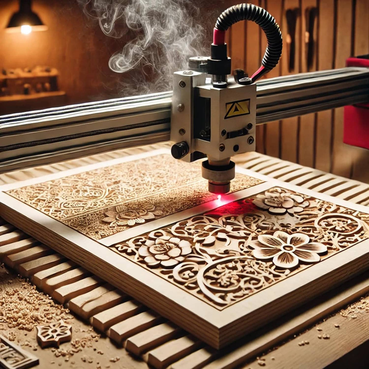 Laser engraving basswood sheet on a wooden bed with floral cutout design