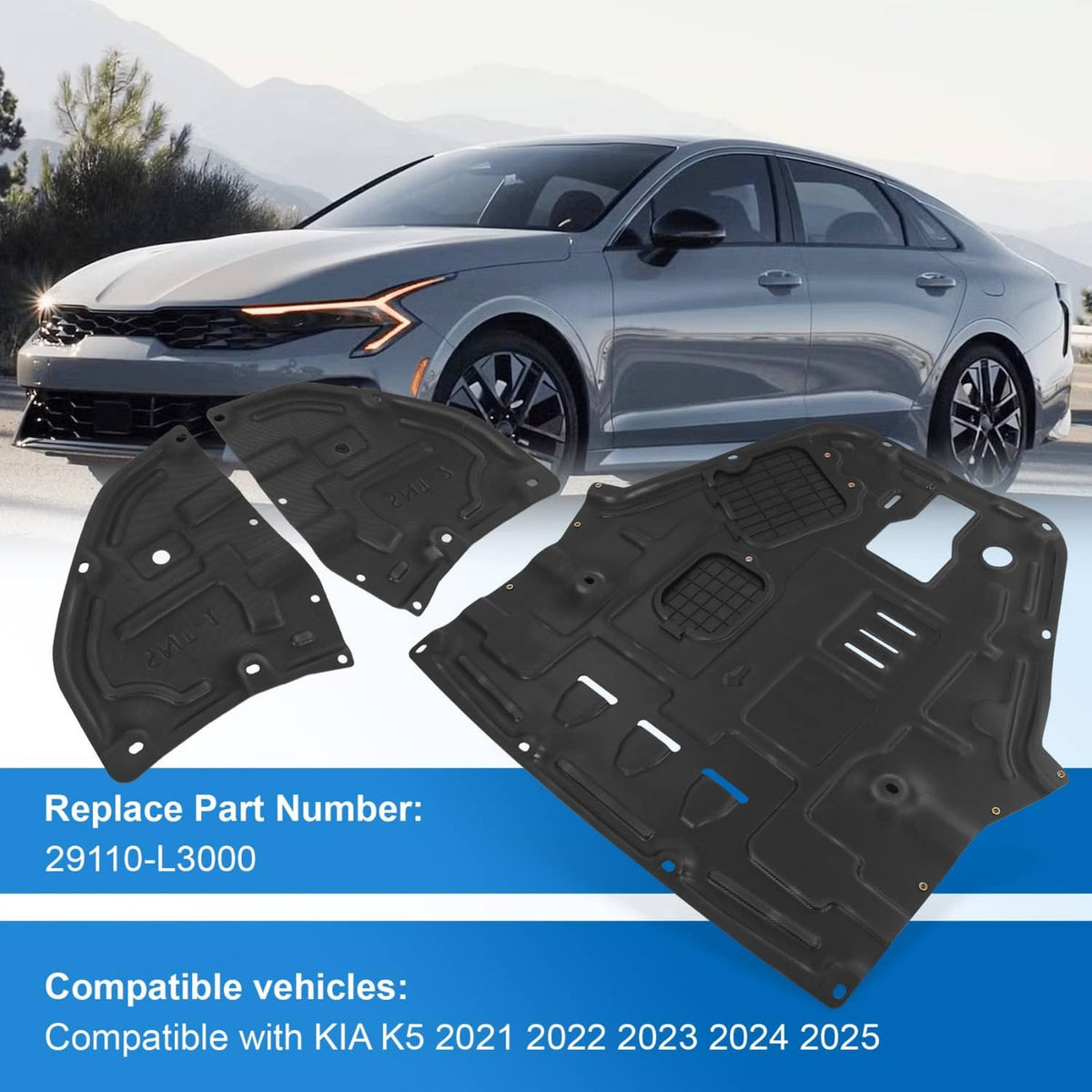 Black engine splash shield components near a car front, ready to install