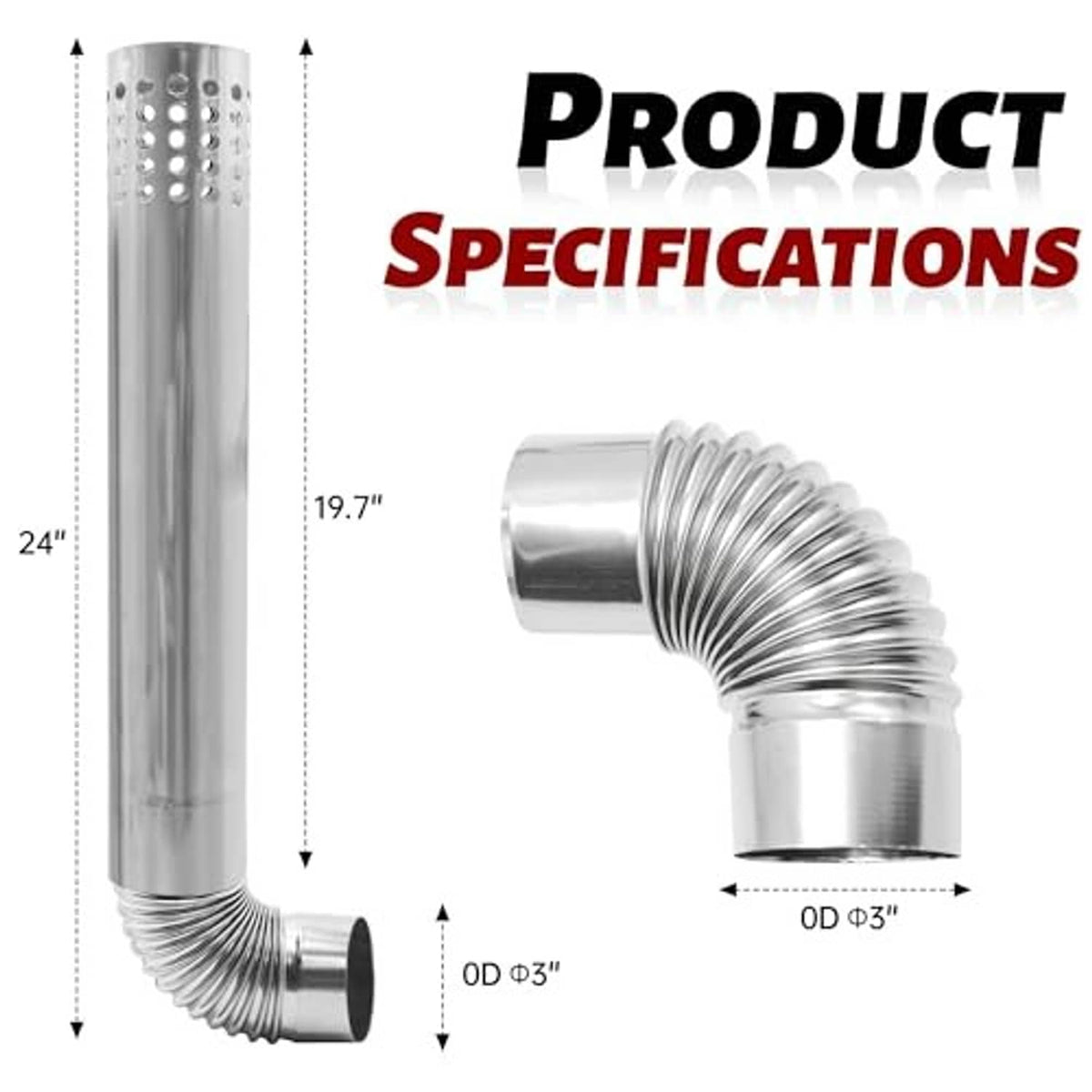 3-inch stainless steel direct vent kit dimension diagram with elbow and flexible section