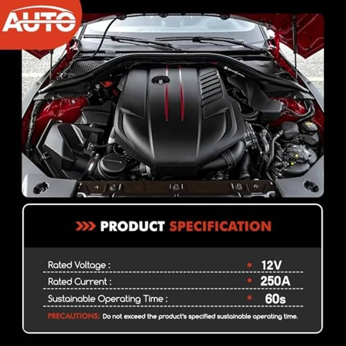 Outboard engine bay with black engine cover and product specification panel
