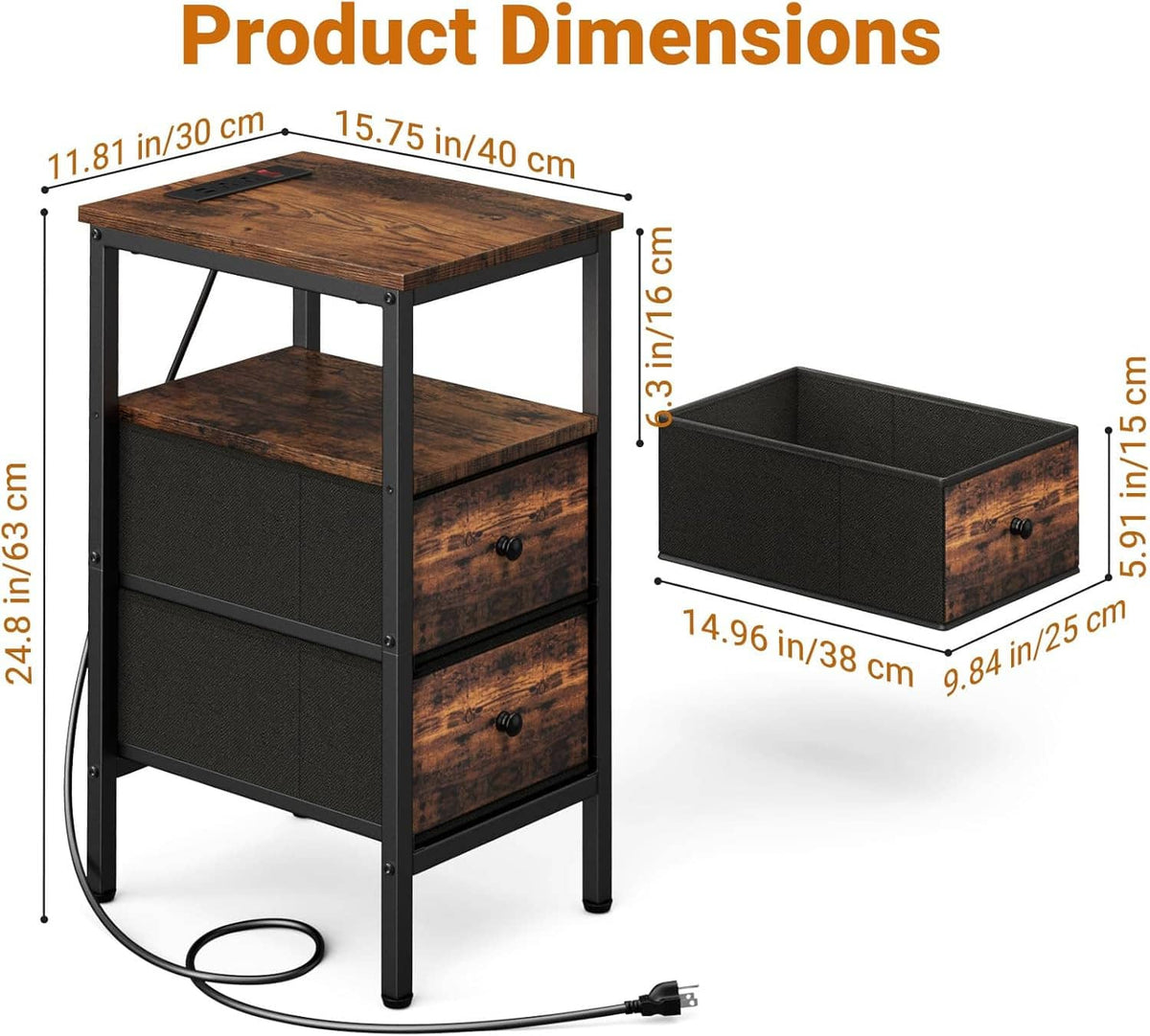 Narrow end table dimensions view with two drawers and built-in charging cable