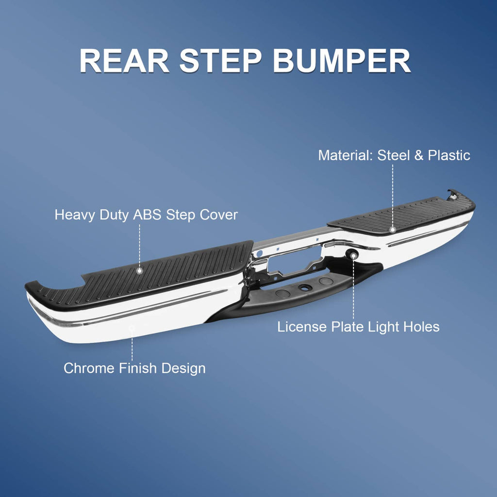 Rear step bumper with chrome finish, black ABS step cover, and license plate light holes