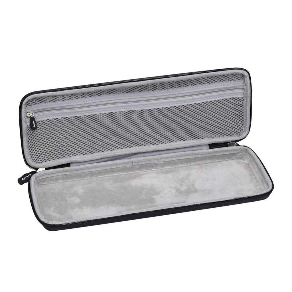Hard travel case with open lid and gray inner lining; zip closure