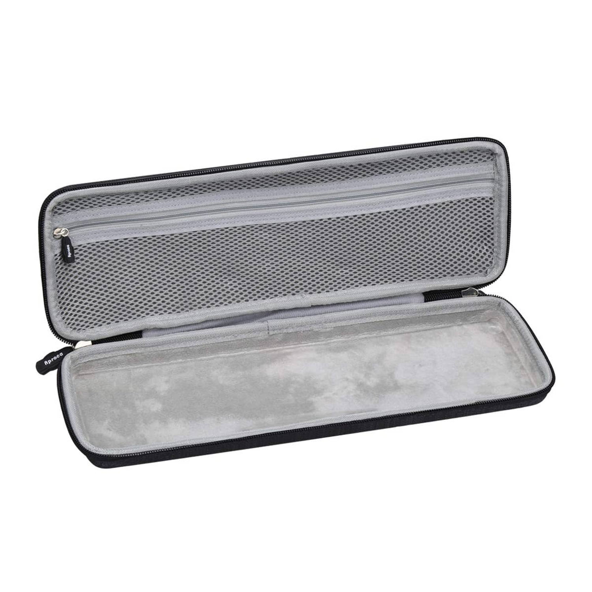 Hard travel case with open lid and gray inner lining; zip closure
