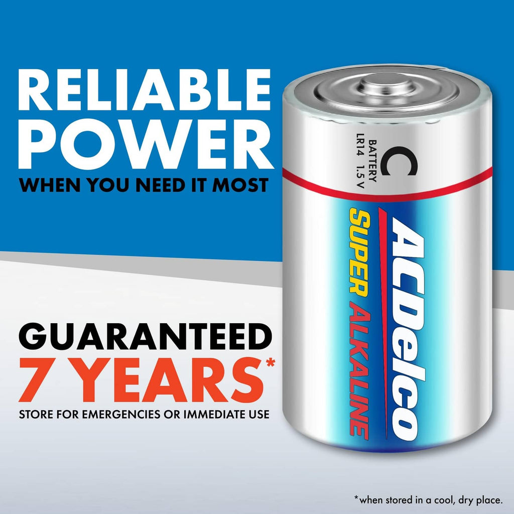 Alkaline C battery can with red-and-blue label for maximum power.
