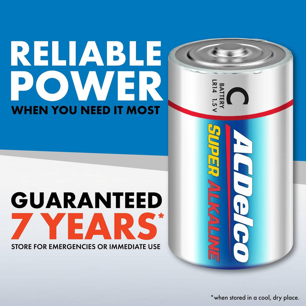 Alkaline C battery can with red-and-blue label for maximum power.