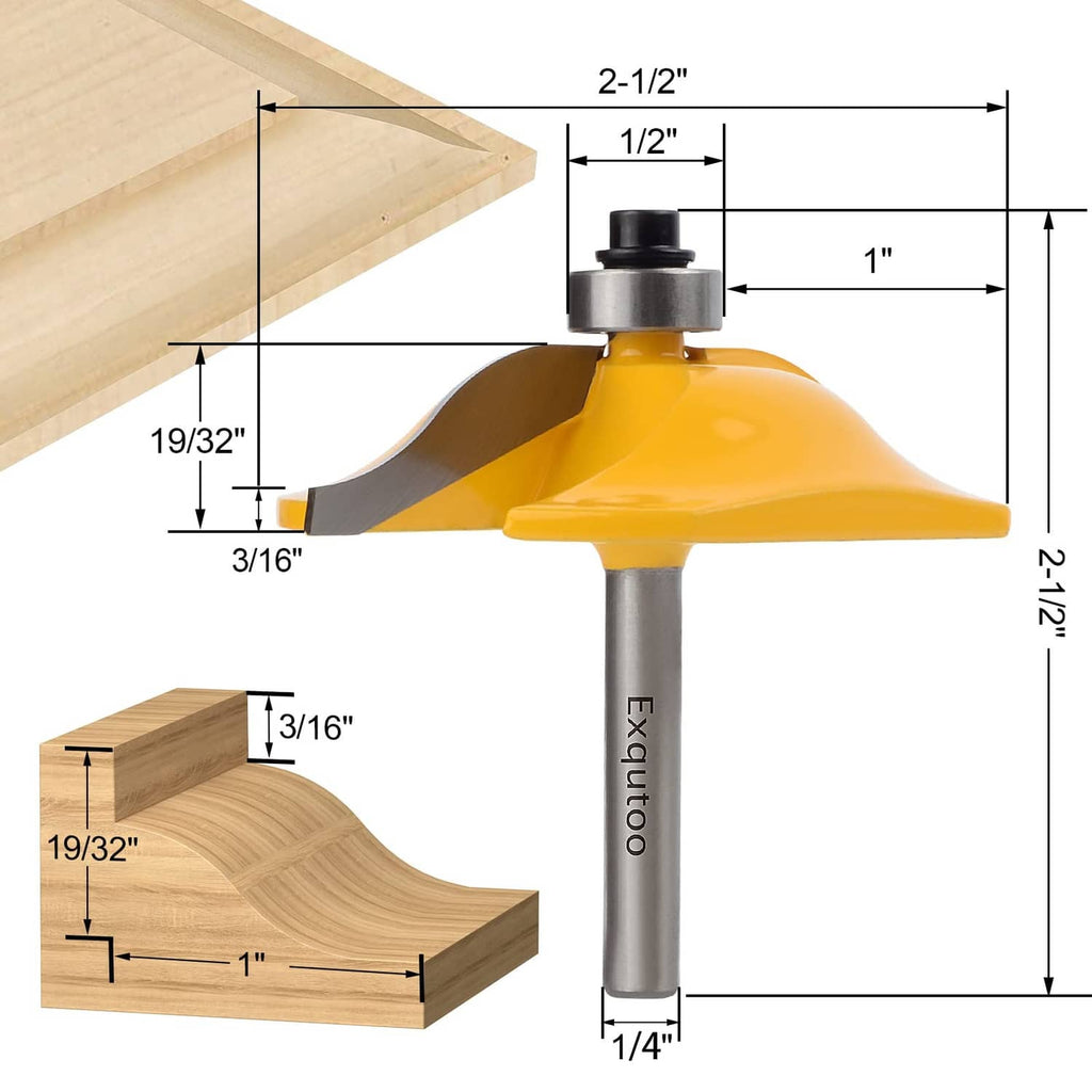 1/4 in shank raised-panel router bit with yellow carbide cutter profile and dimensions