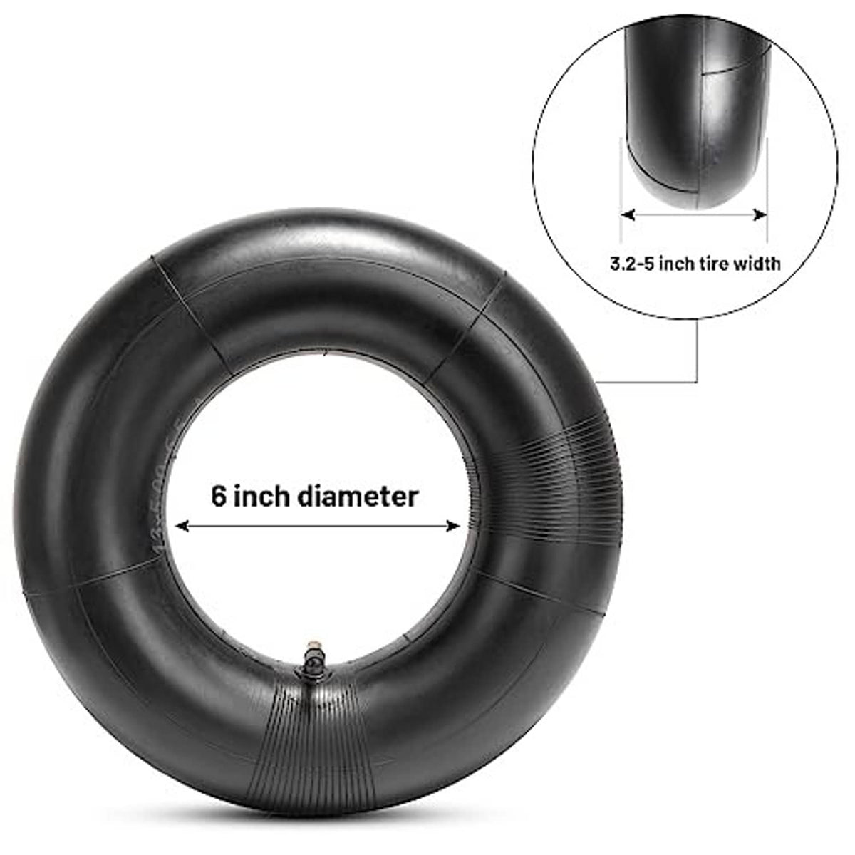 Black inner tube showing 6-inch diameter and 3.2-inch tire width