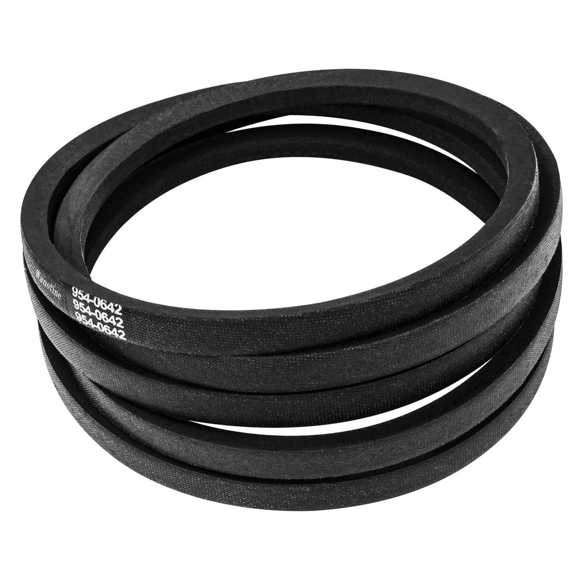 Black mower deck belt, long coiled loop with stamped markings