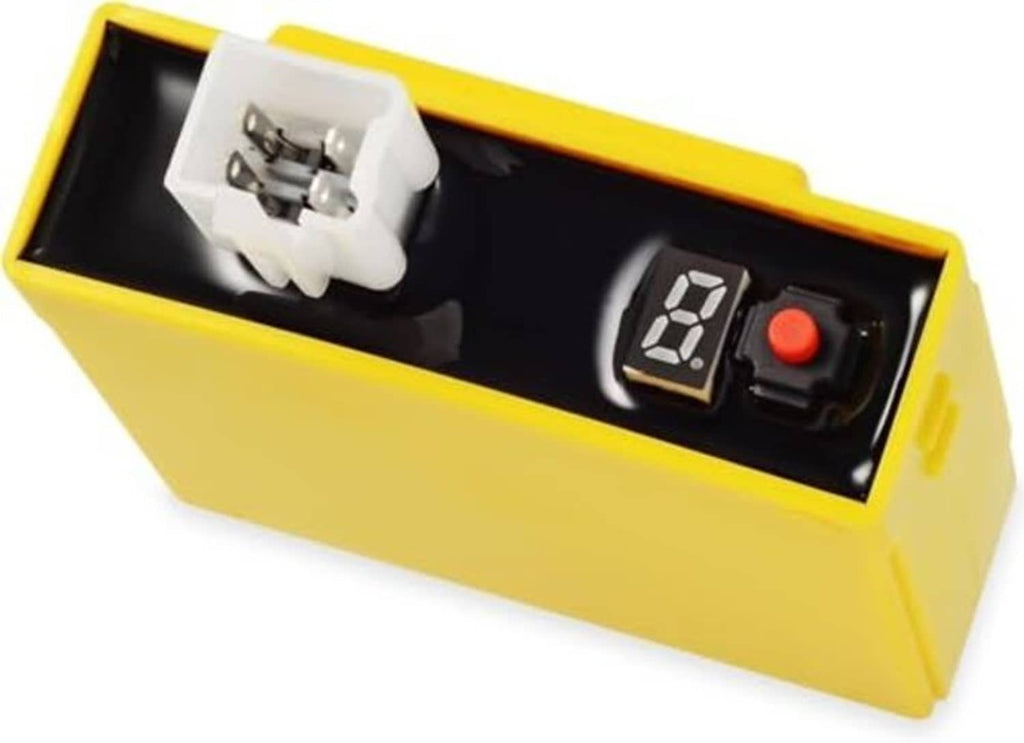 Yellow Racing CDI 4-pin digital ignition box with LED display and red button