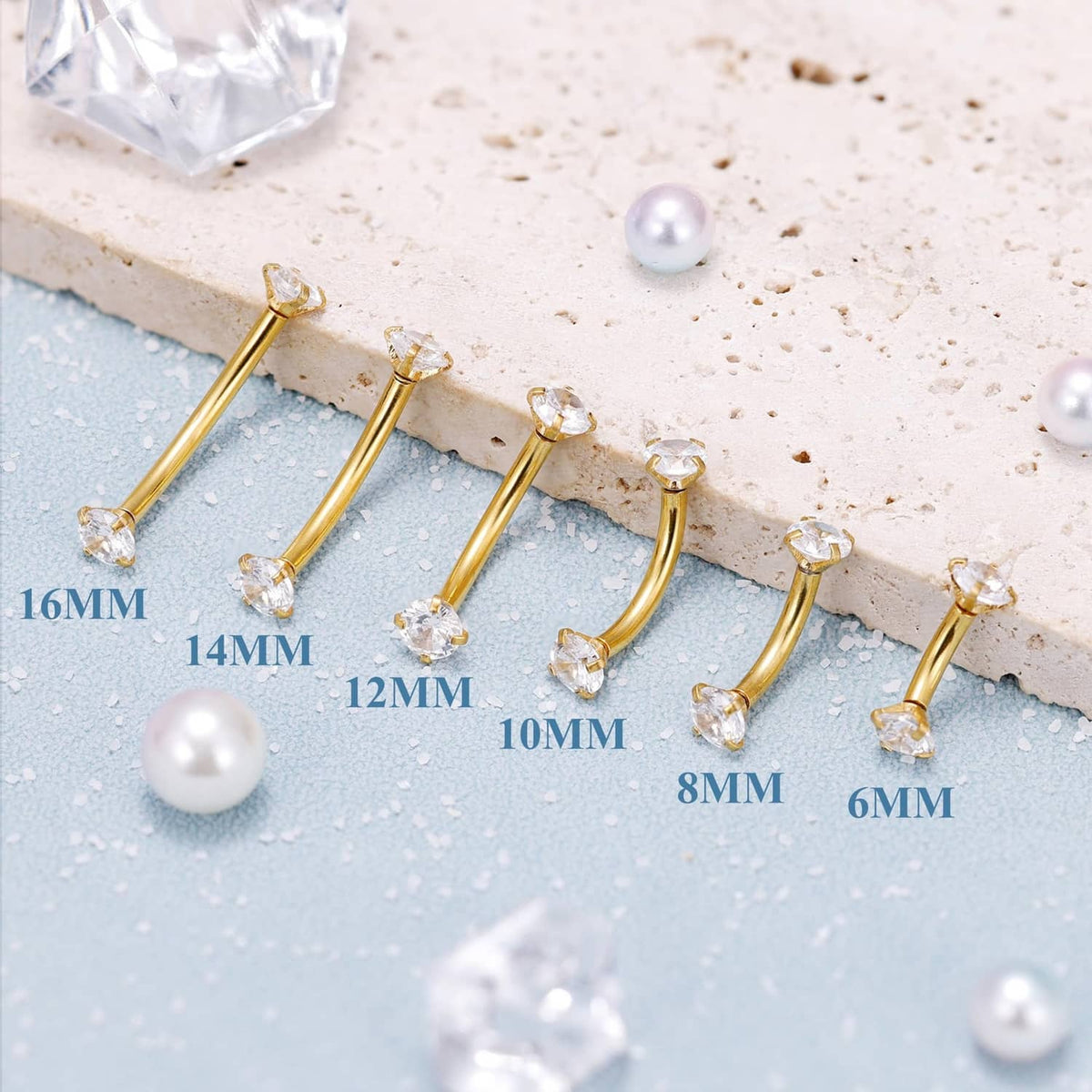 Gold belly button ring set with CZ stones and pearl-like beads, bar size markers