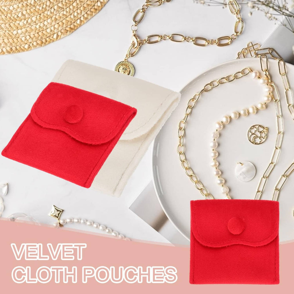 Velvet jewelry pouch with snap-button flap, red and white
