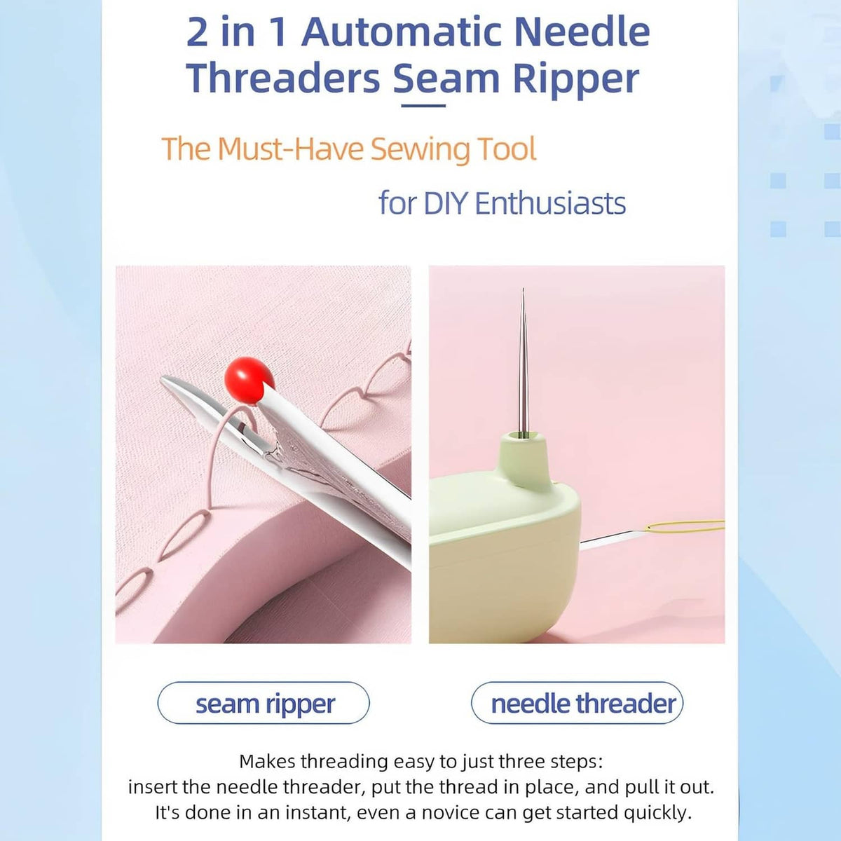 2-in-1 needle threader and seam ripper, light green tool with upright needle