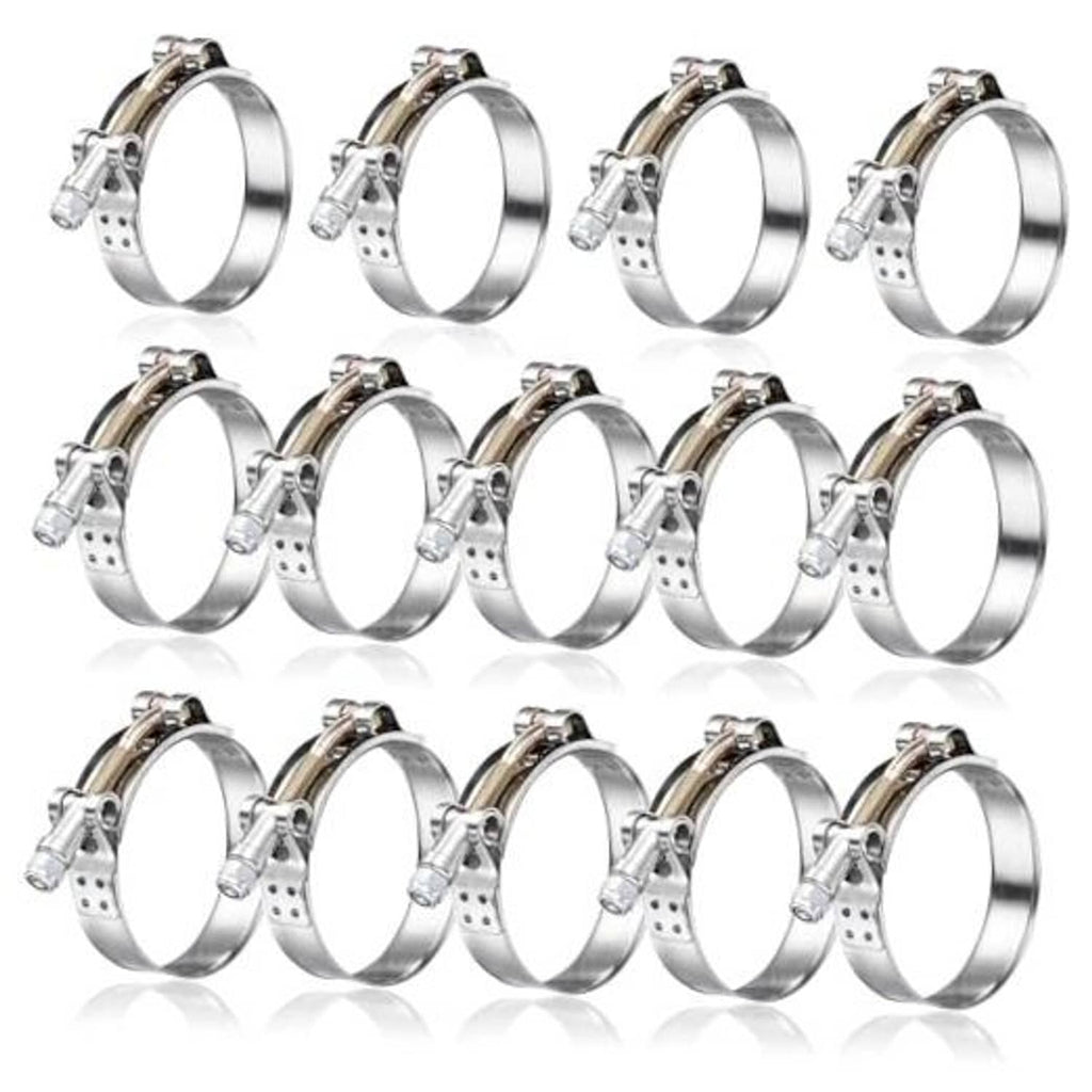 Set of chrome t-bolt hose clamps with stainless band and screw, 14-pack shown