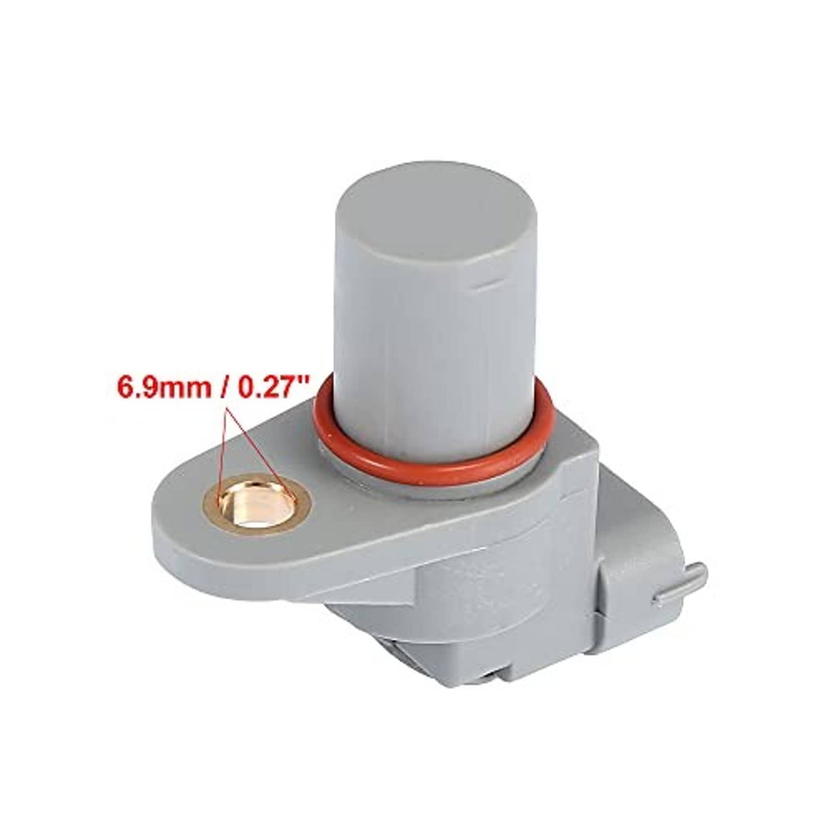 Camshaft position sensor with gray mounting tab, red seal ring, and brass terminal hole
