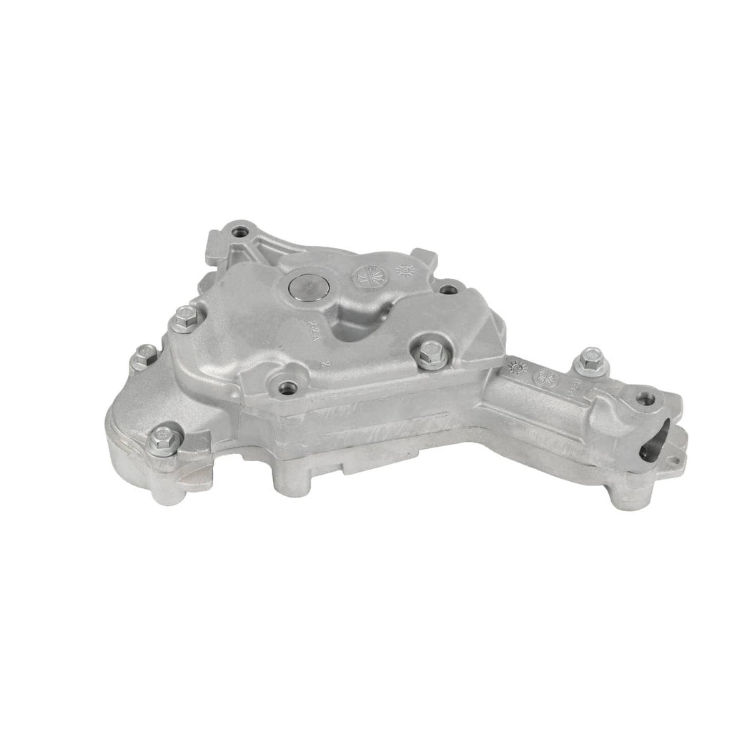 Engine oil pump housing assembly with bolt points and internal gear visible through cover