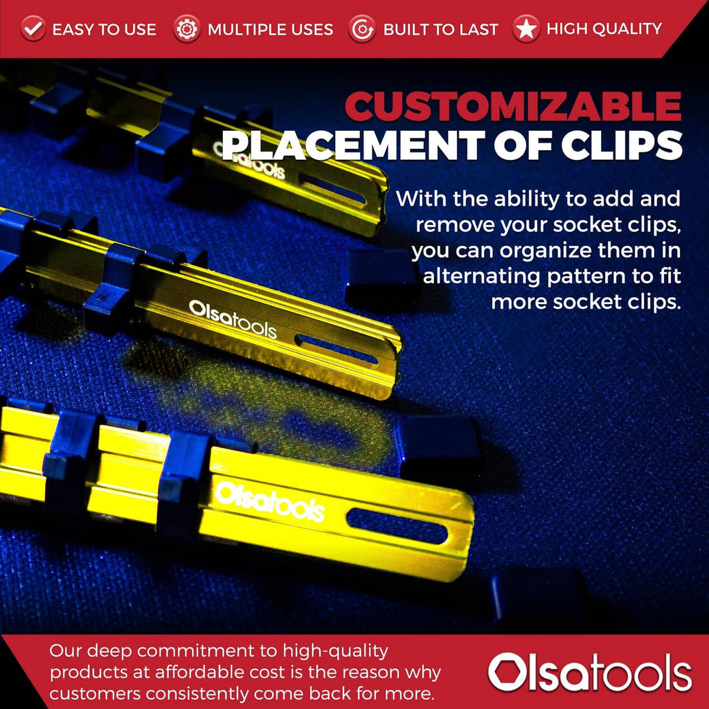 Close-up of yellow socket clips and rails with alternating socket positions