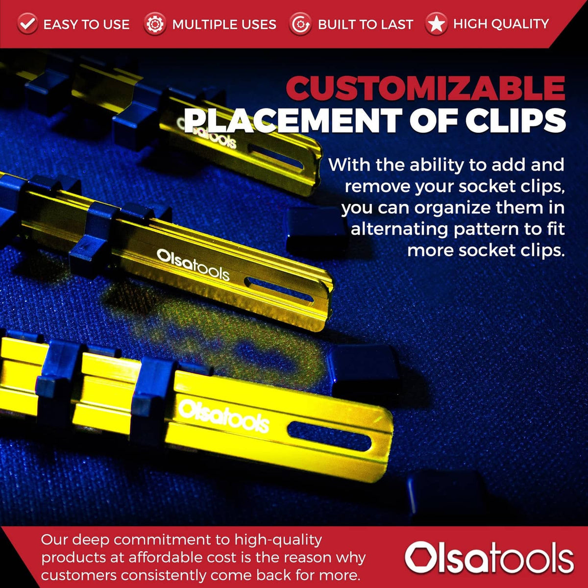 Close-up of yellow socket clips and rails with alternating socket positions