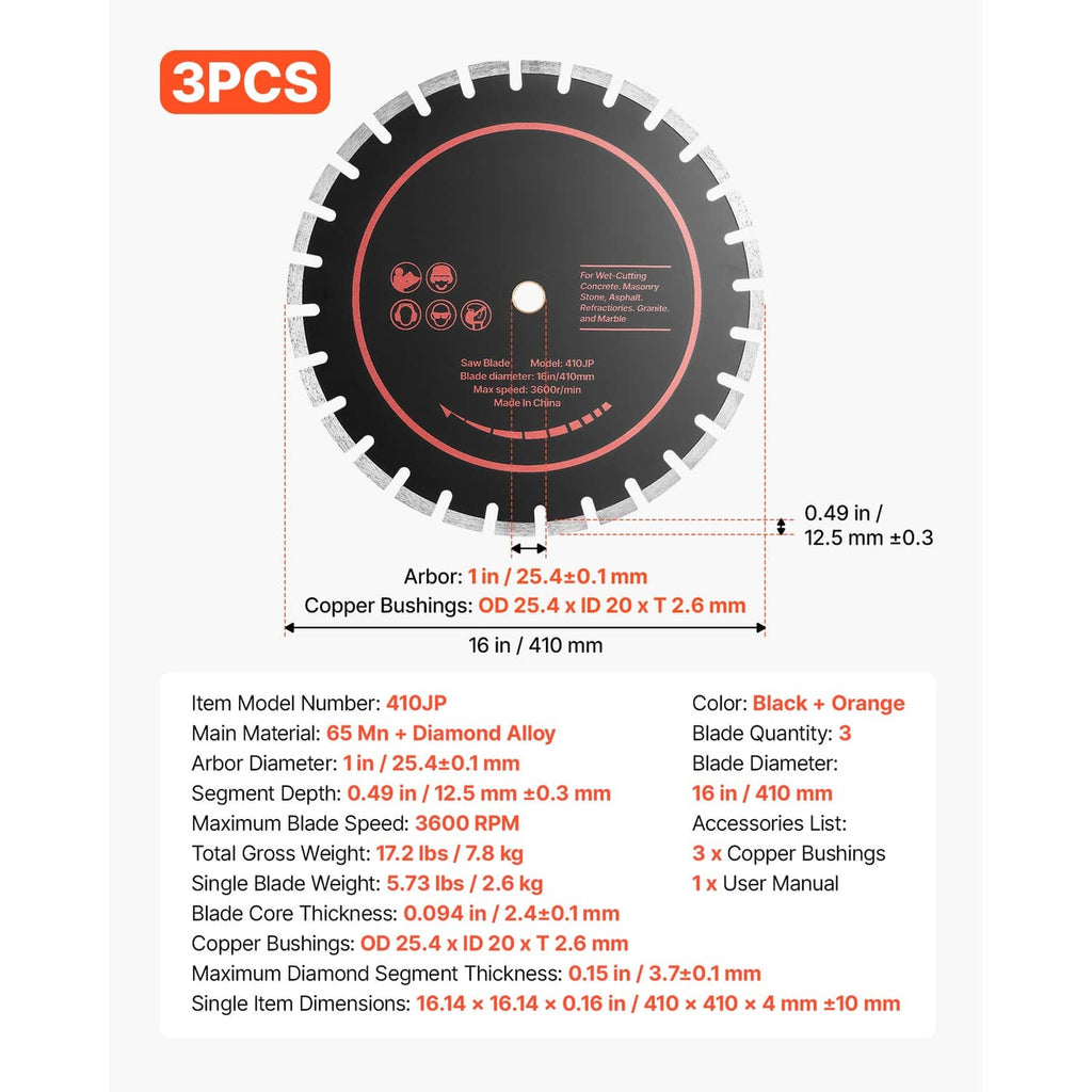 16 in diamond blade specs: three-pack, 1 in arbor; black and orange design