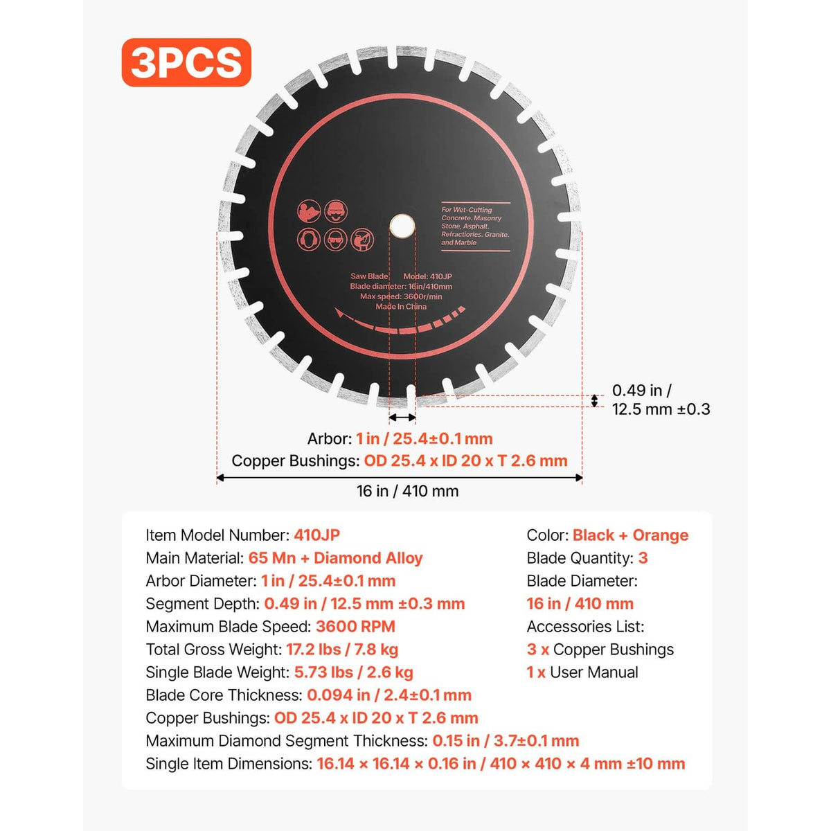 16 in diamond blade specs: three-pack, 1 in arbor; black and orange design