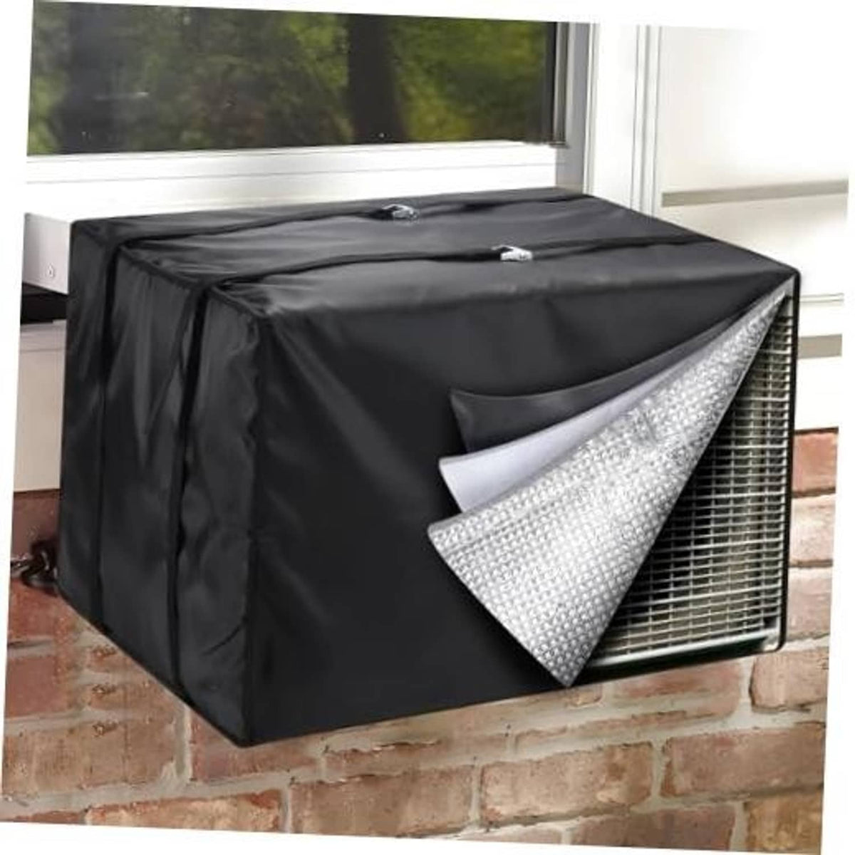 Black window air conditioner insulation cover with silver reflective panel on the side