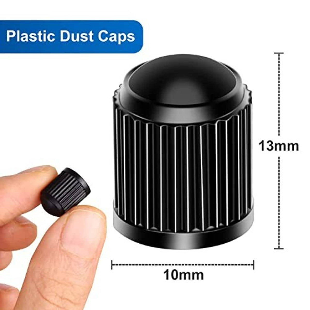 Black plastic dust cap for tire valve stem, ribbed top with hand holding one