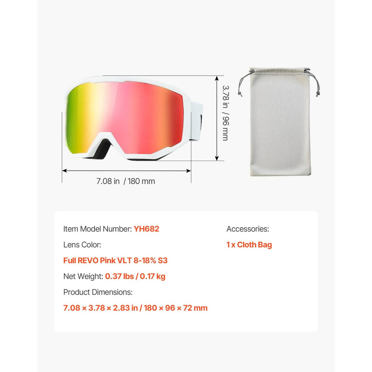 Ski goggles with pink reflective lens and included drawstring cloth storage bag