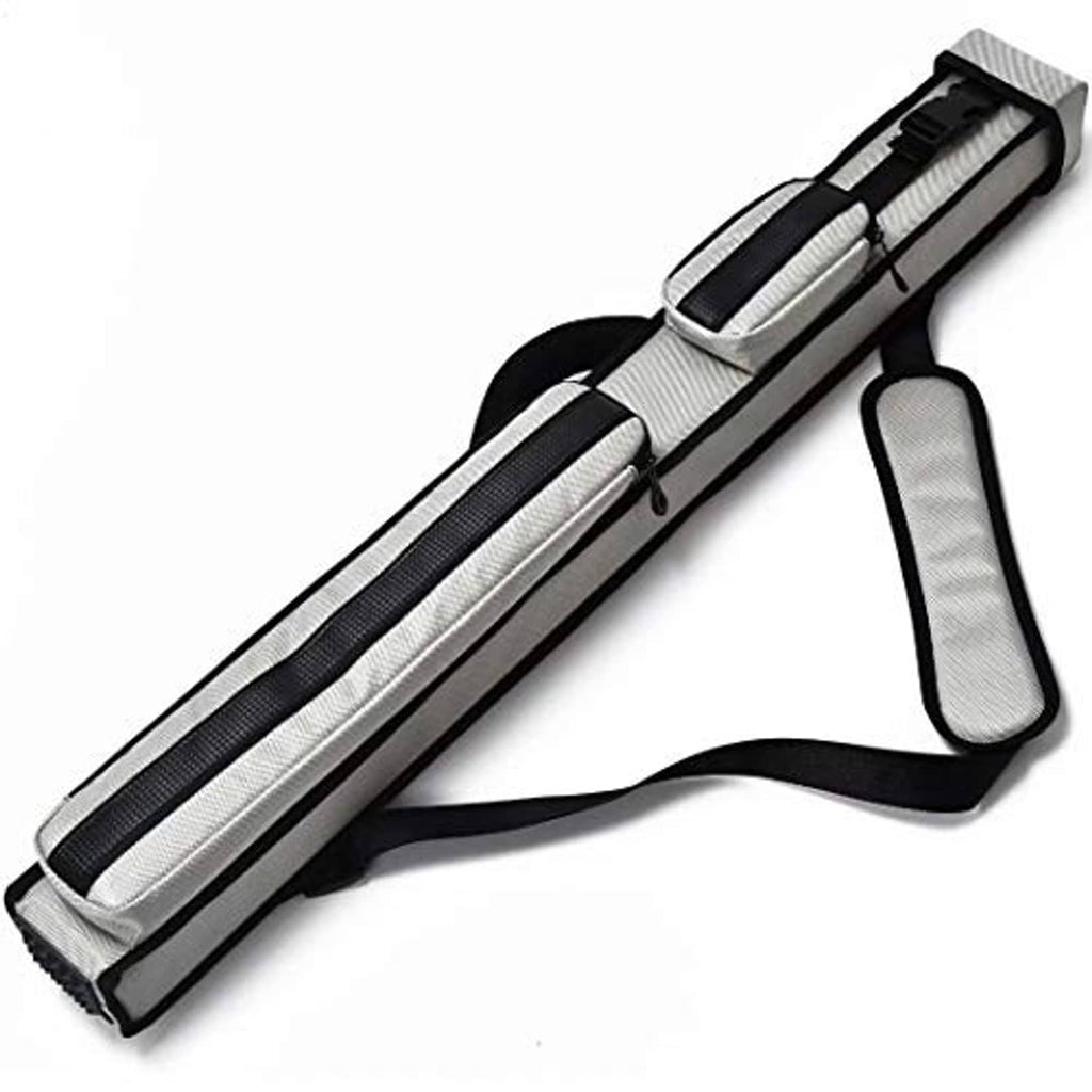 Silver gray hard billiard cue case with black end handle and two front padded compartments