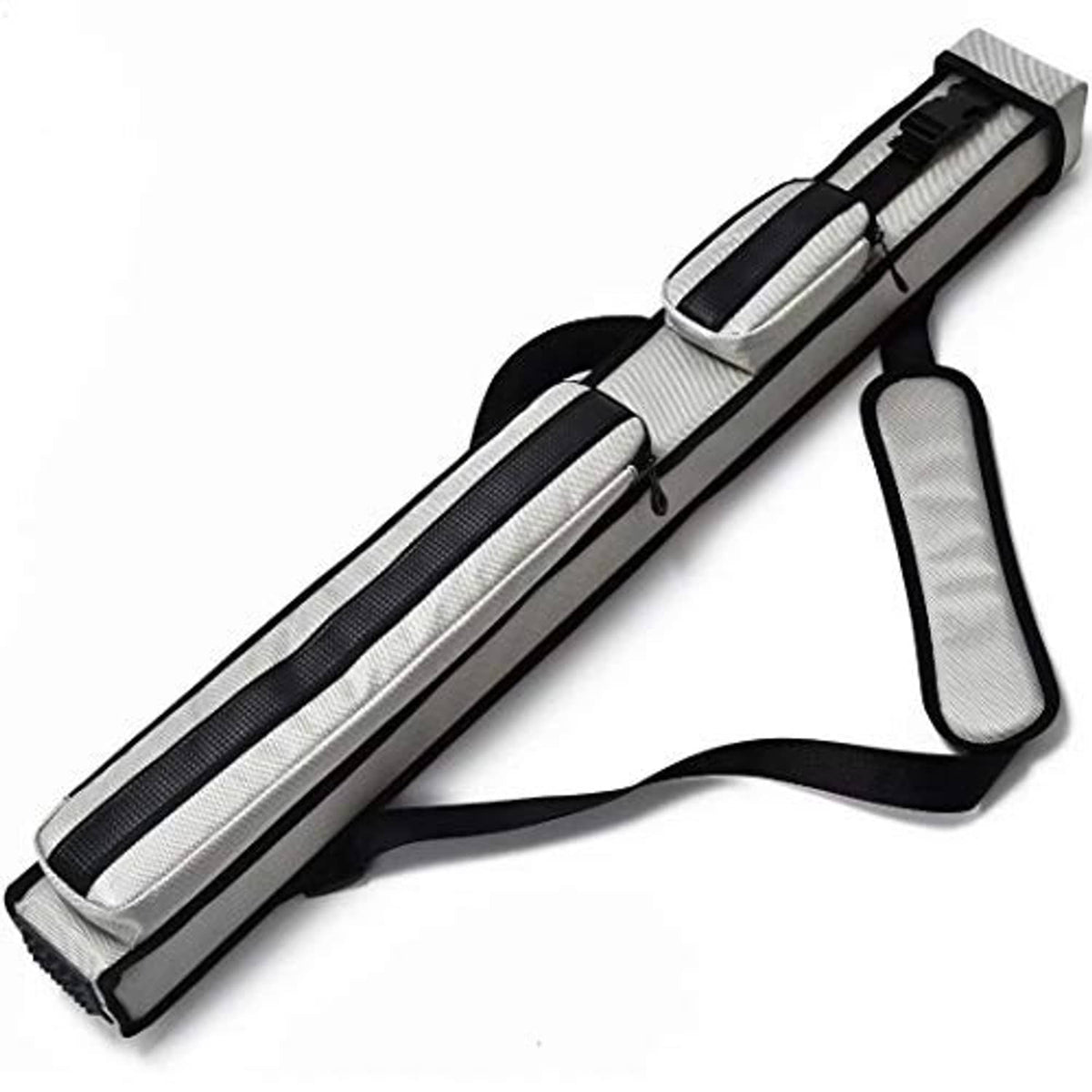 Silver gray hard billiard cue case with black end handle and two front padded compartments