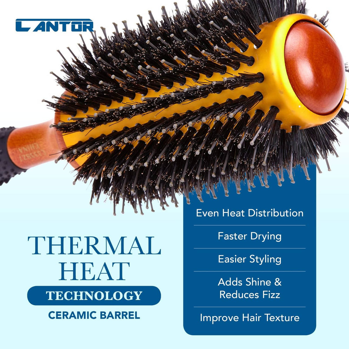 Thermal ceramic round hair brush with large yellow barrel and dense black bristles