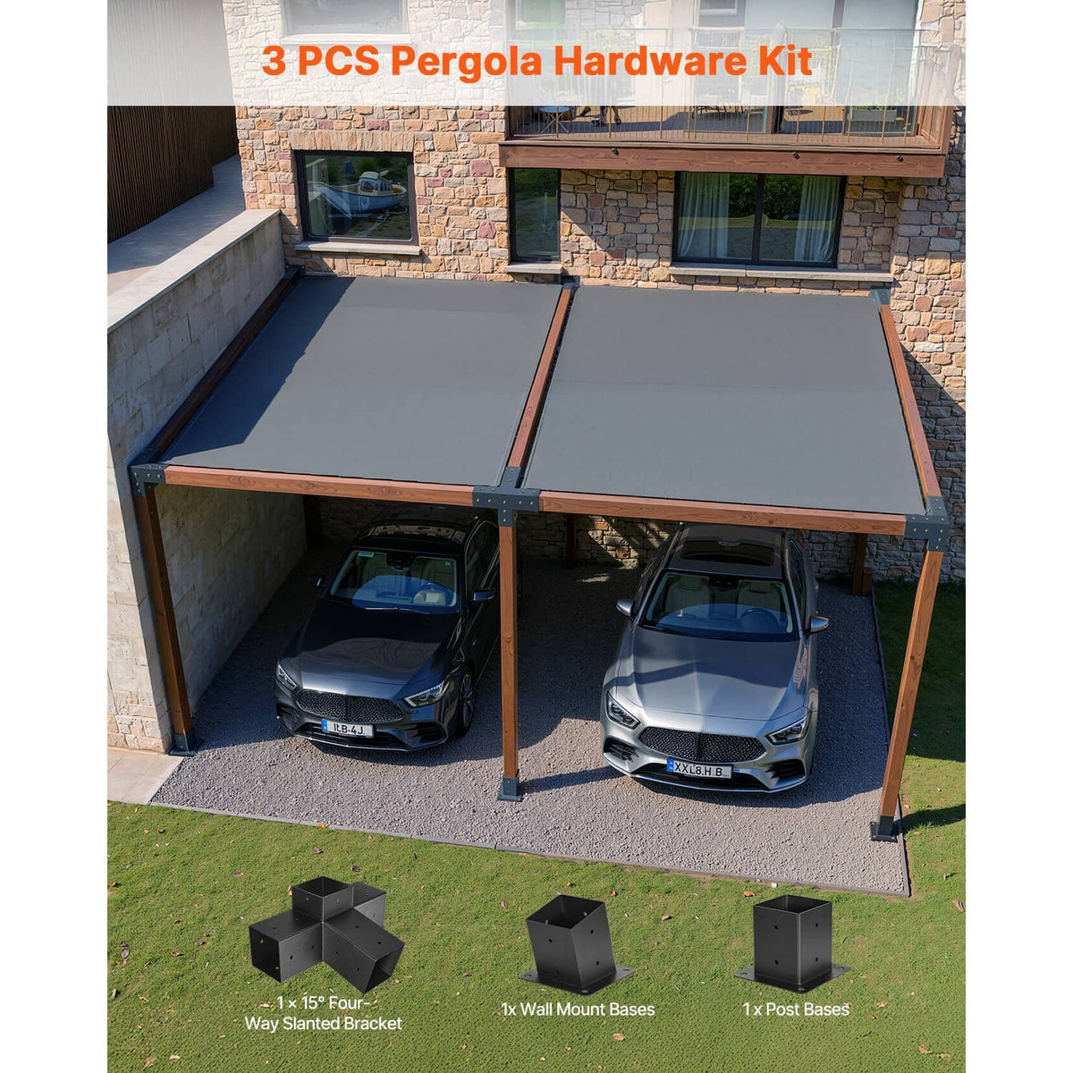Pergoala hardware kit with black slanted brackets and mounting bases shown beneath beams