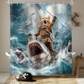 Ocean-themed shower curtain with cartoon cat riding a shark, crashing waves, grommets