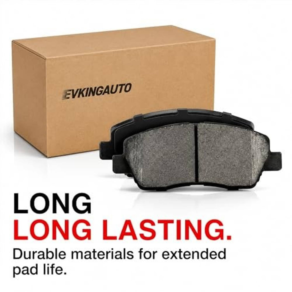 Brake pad set in front of EVKINGAUTO box, gray pads with metal clips