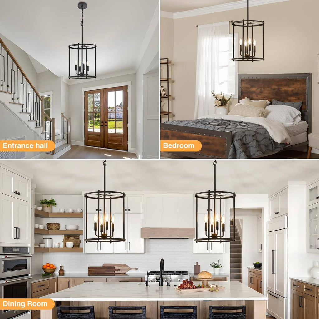 Matte black 4-light hanging chandelier with cage frame and candle-style bulbs