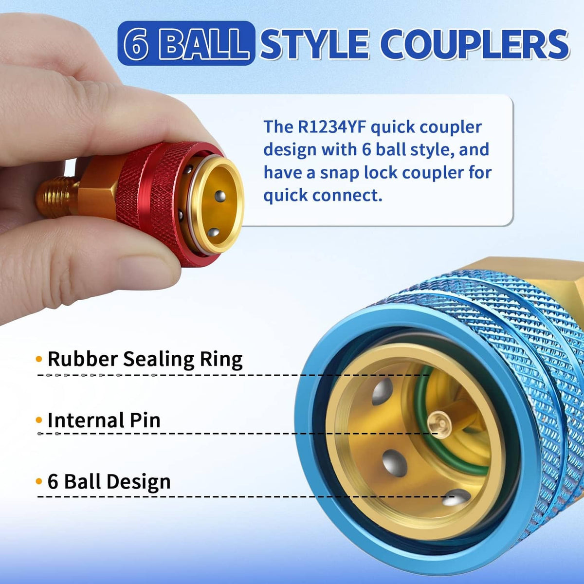 Brass 6-ball style quick coupler with red and blue sealing ring connection end