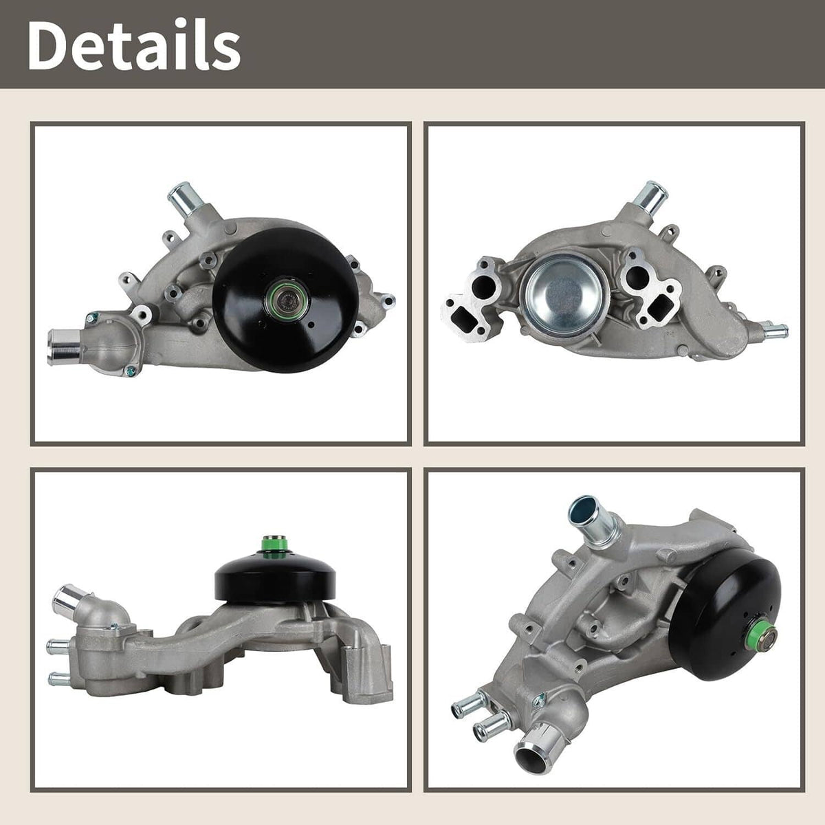 Water pump with thermostat, silver aluminum housing with black circular cover and fittings