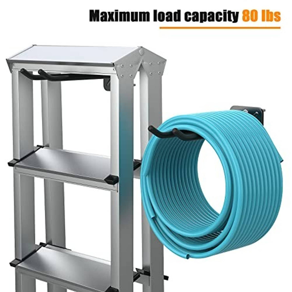 Black wall-mount hook holding a blue coiled garden hose