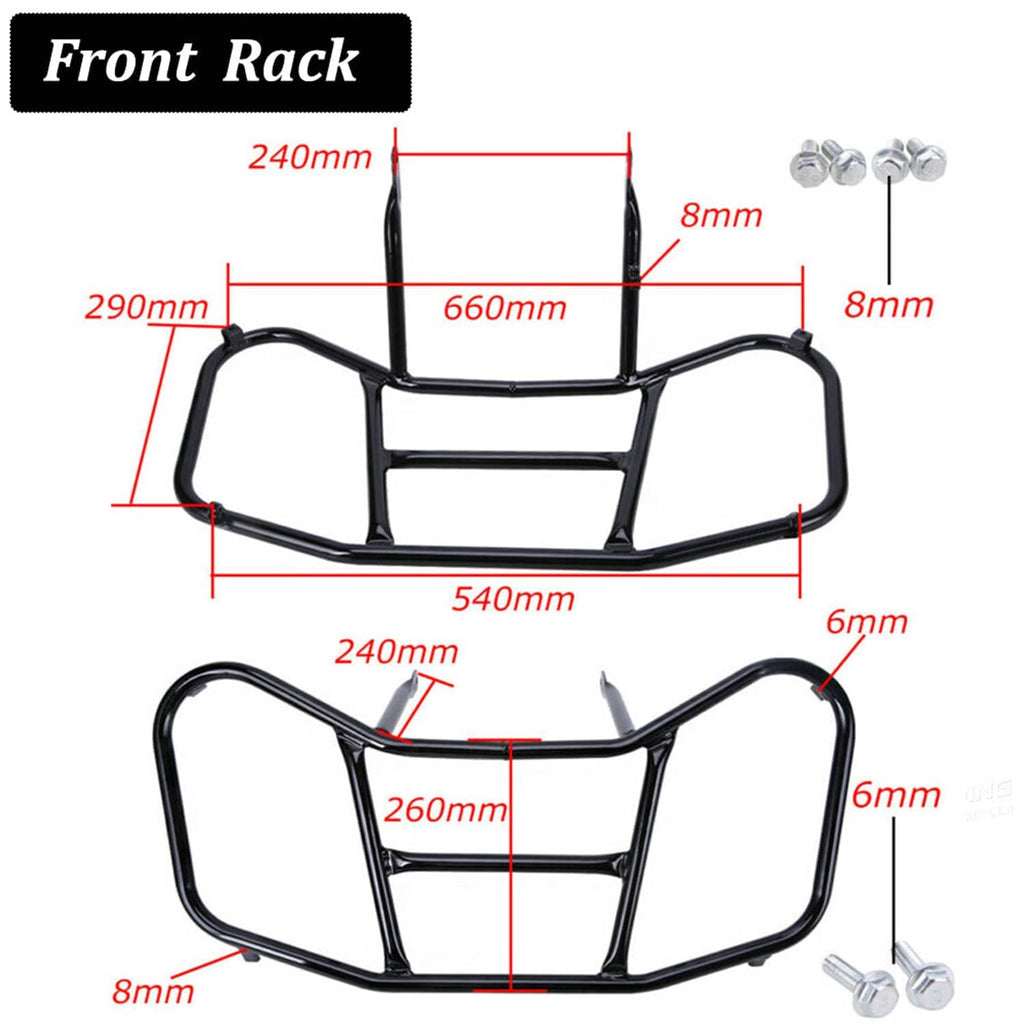 Black front rack guard with curved side bars and central crossbar plate.