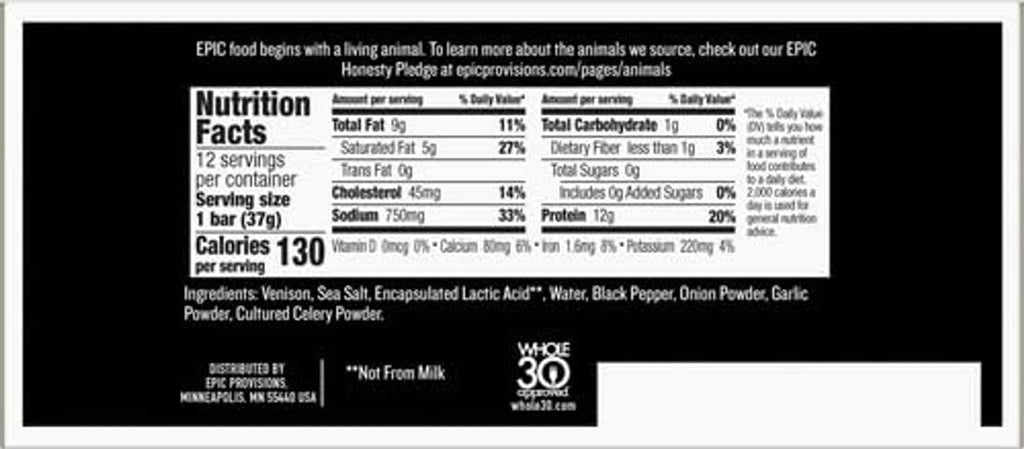 Back of Epic Venison Sea Salt + Pepper Bar nutrition facts and ingredients panel