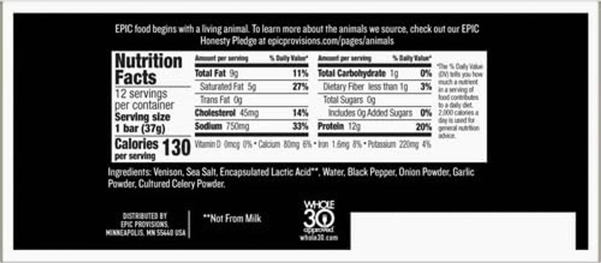 Back of Epic Venison Sea Salt + Pepper Bar nutrition facts and ingredients panel