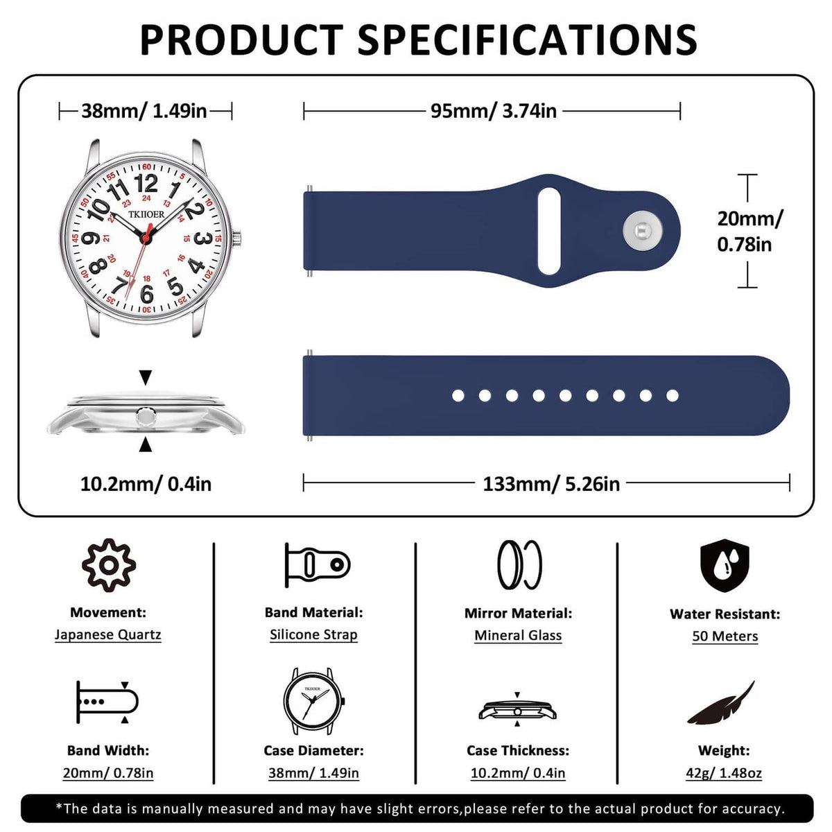 Navy silicone strap analog watch spec diagram with silver case and size markings